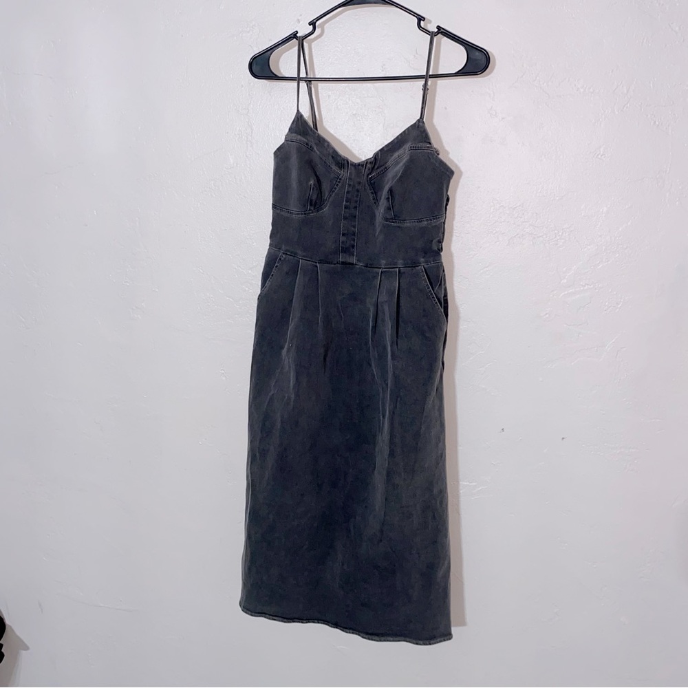 Stretch Denim Fitted Midi Dress Charcoal Faded Black Small Women’s Camellia EUC